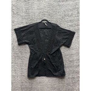 Ramy Brook Delphine Mini Crochet Short Sleeve Coverup Dress Black Womens Size XS